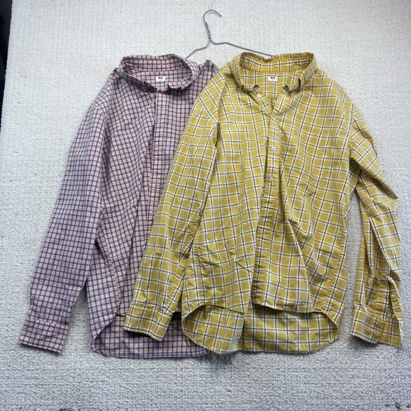 Lot x2 Uniqlo Long sleeve Shirt Mens M Check Plaid Button Up Pink / Yellow - Picture 2 of 12